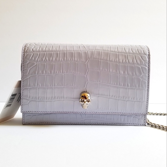 Alexander McQueen Handbags - Alexander McQueen Croc-Embossed Leather Skull Crossbody Bag Lavender